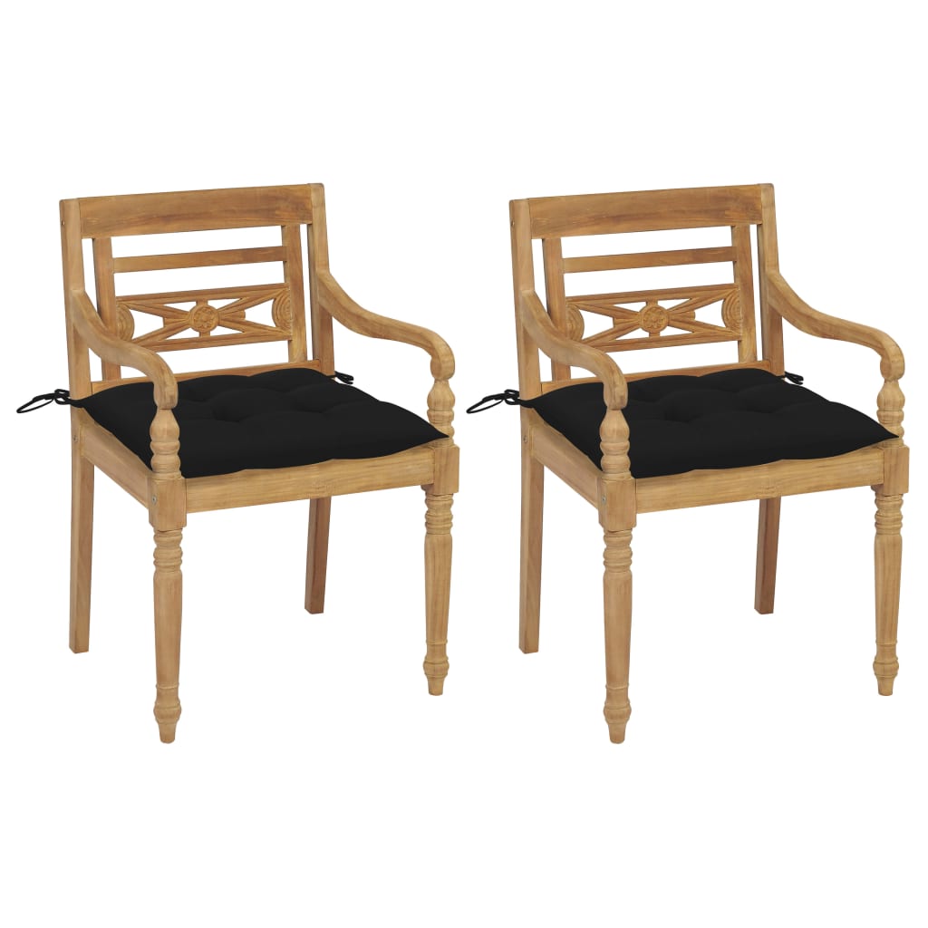 Bataviastolar 2 st med svarta dynor massiv teak