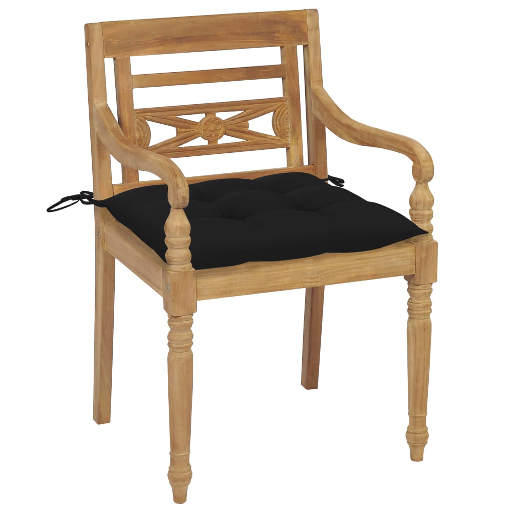 Bataviastolar 2 st med svarta dynor massiv teak