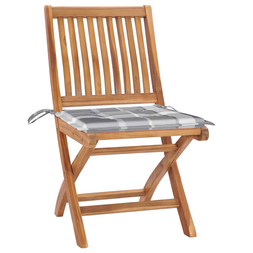 Trädgårdsstolar 2 st med grårutiga dynor massiv teak