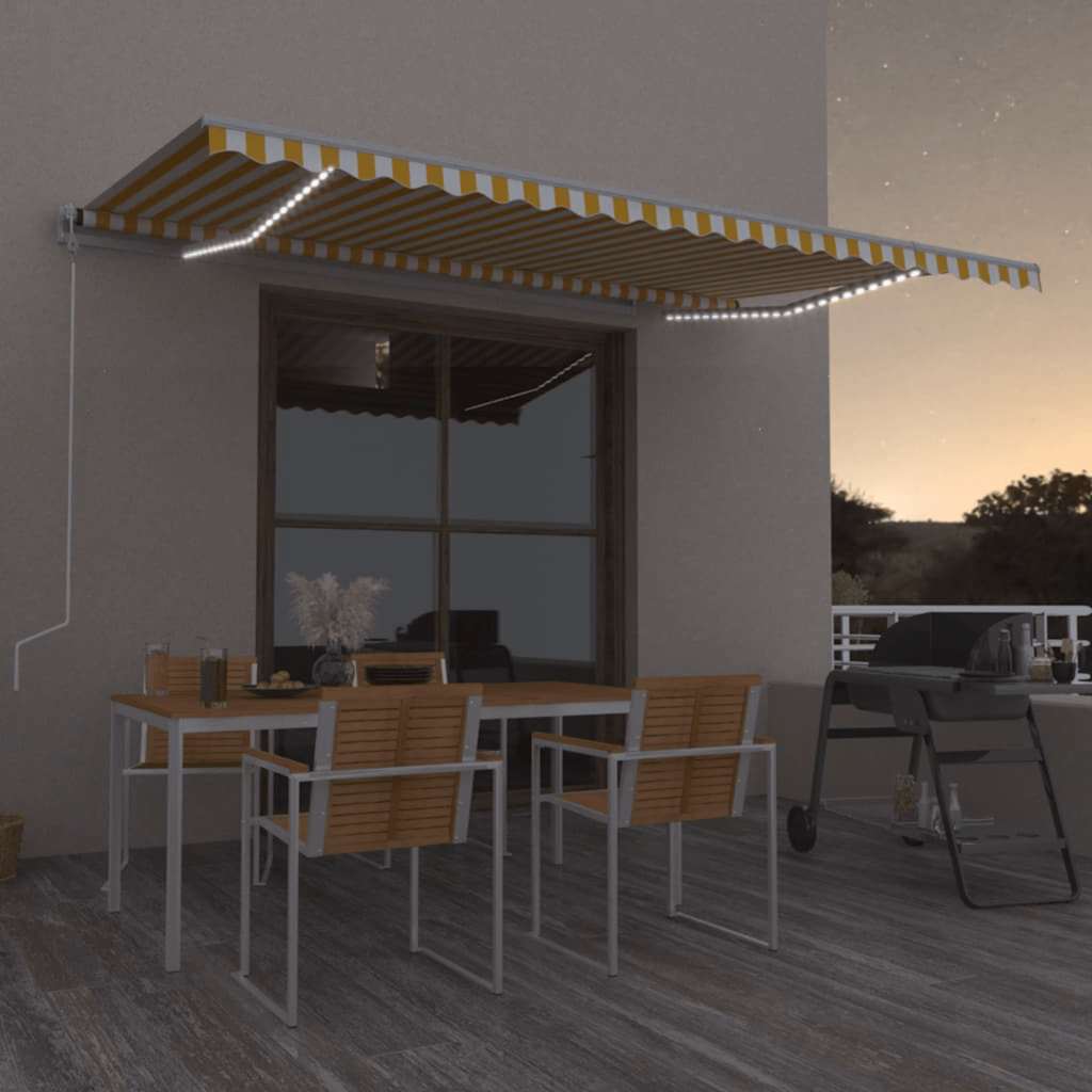 Automatisk markis med vindsensor & LED 500x300 cm gul/vit