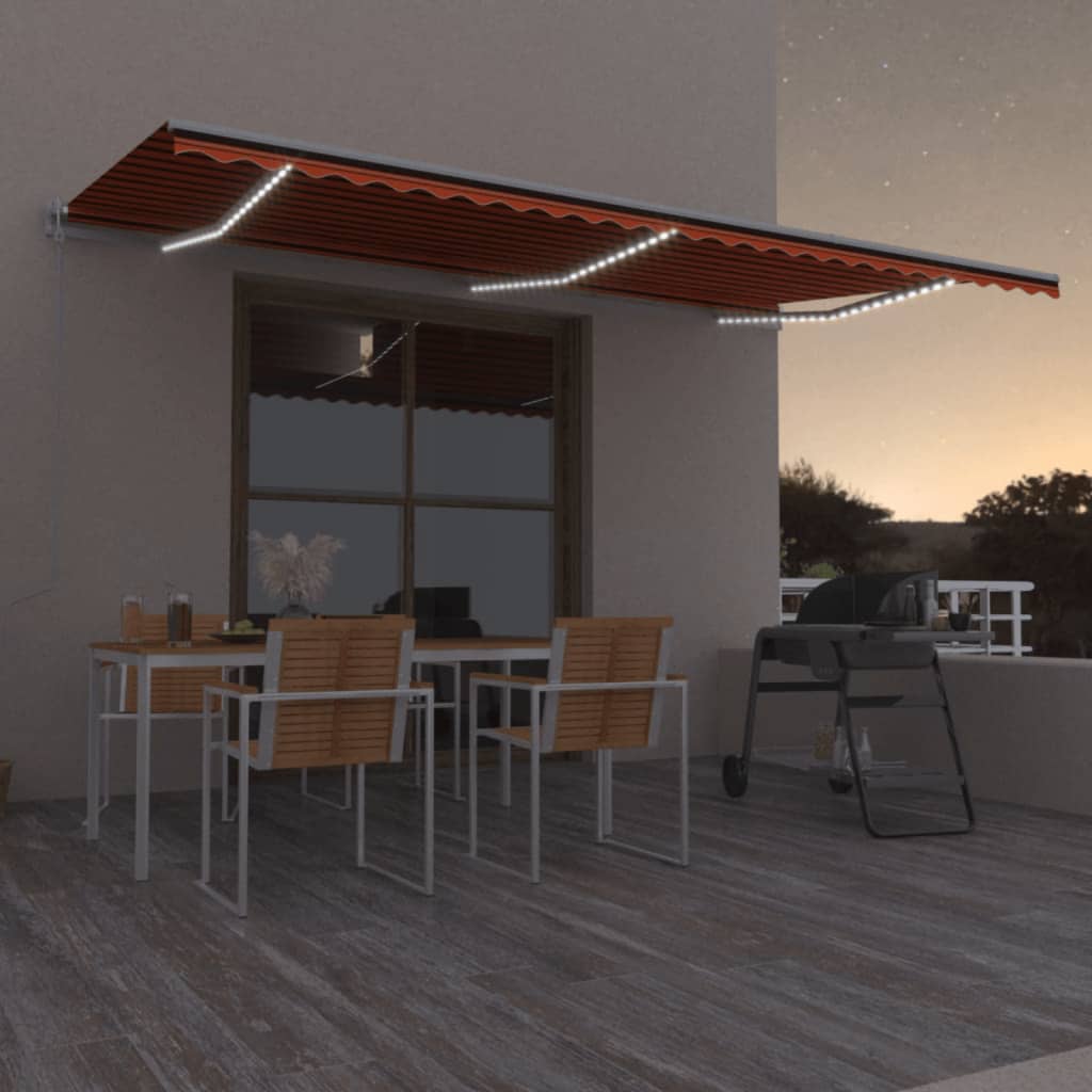 Automatisk markis med vindsensor & LED 600x300 cm orange/brun