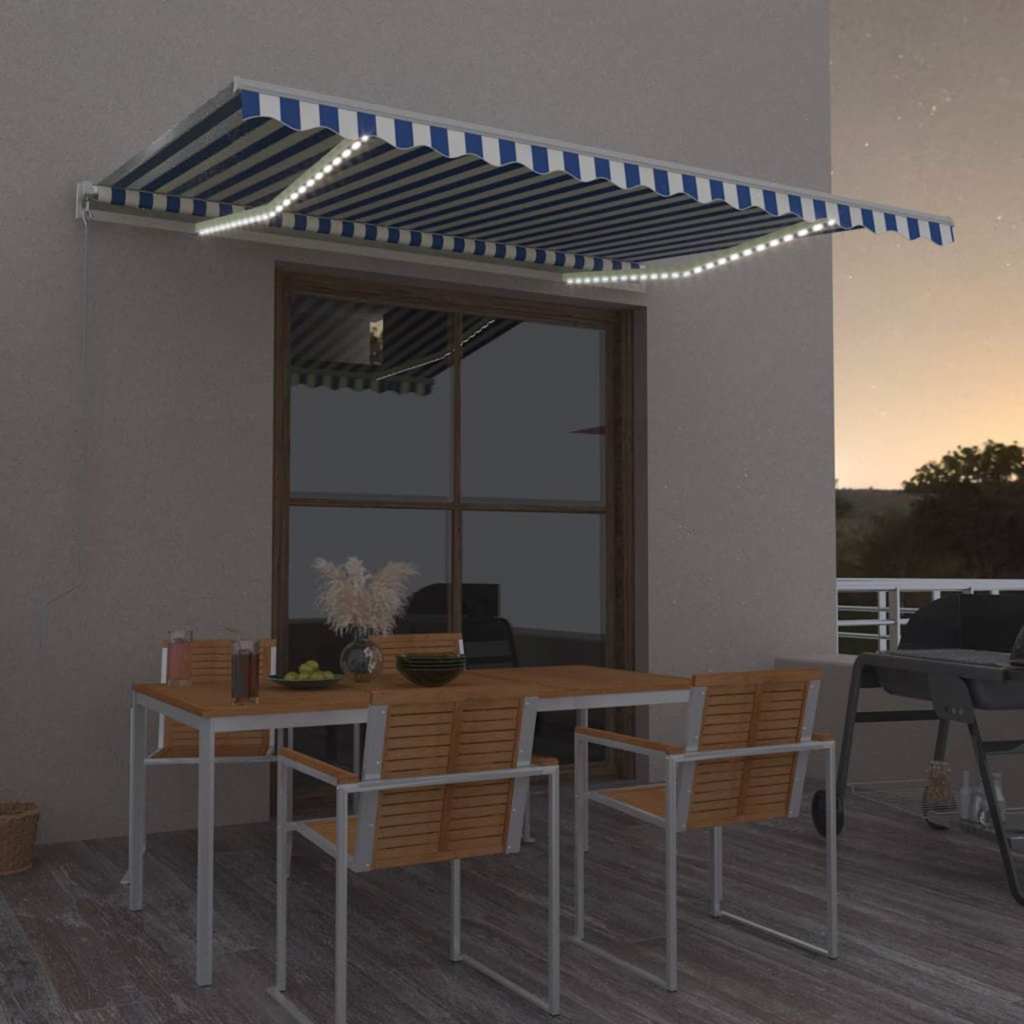 Automatisk markis med vindsensor & LED 450x350 cm blå och vit