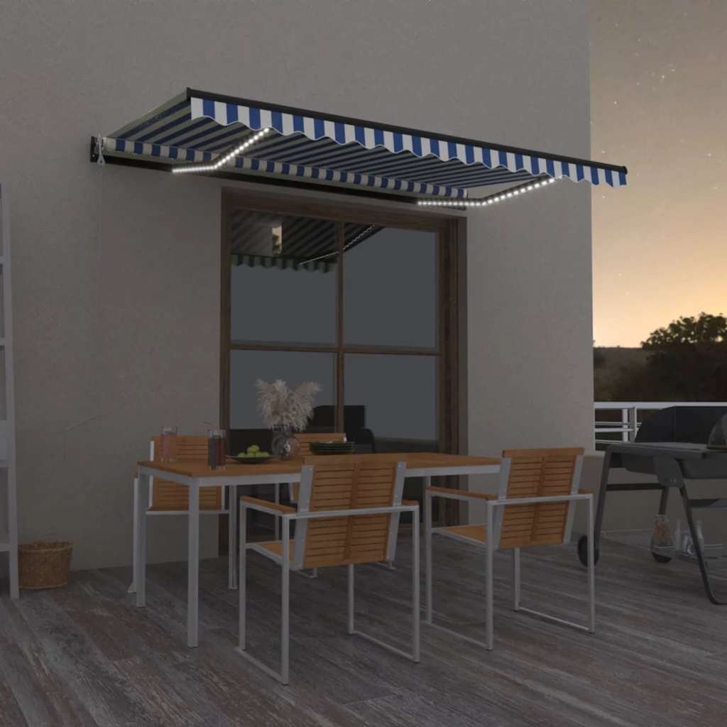 Automatisk markis med vindsensor & LED 450x300 cm blå och vit