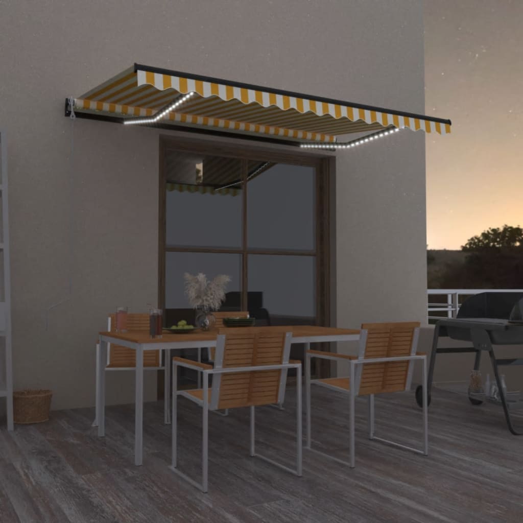 Automatisk markis med vindsensor & LED 450x300 cm gul/vit