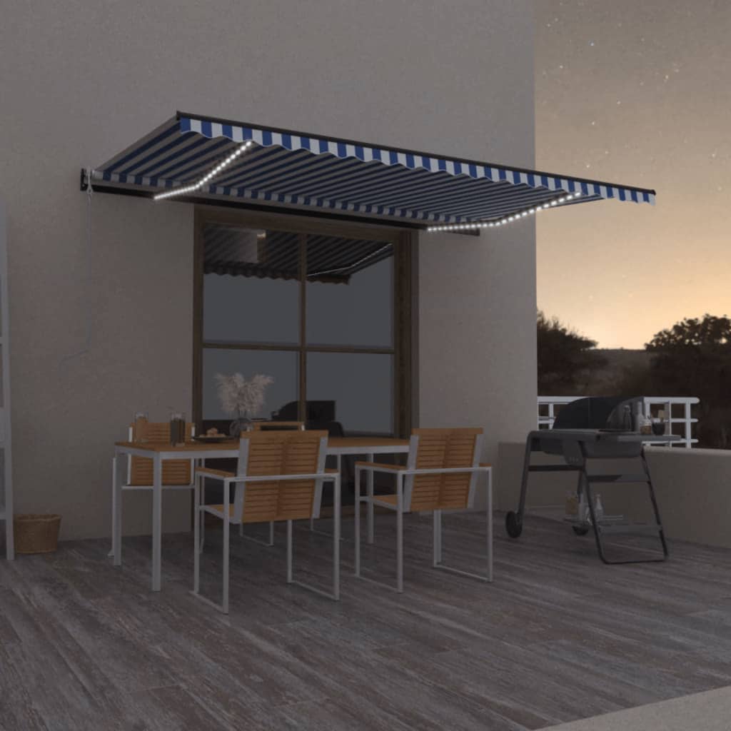Automatisk markis med vindsensor & LED 500x300 cm blå och vit