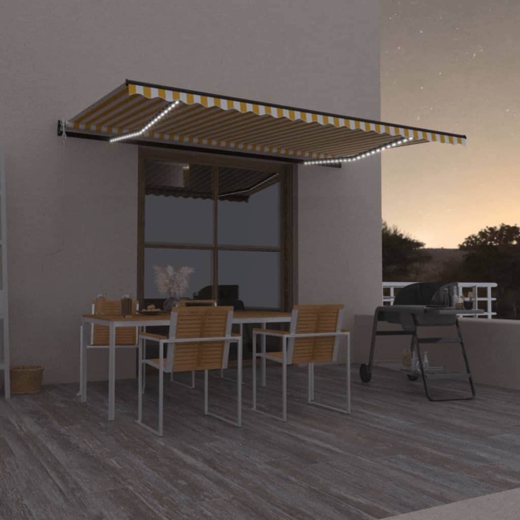 Automatisk markis med vindsensor & LED 500x300 cm gul/vit