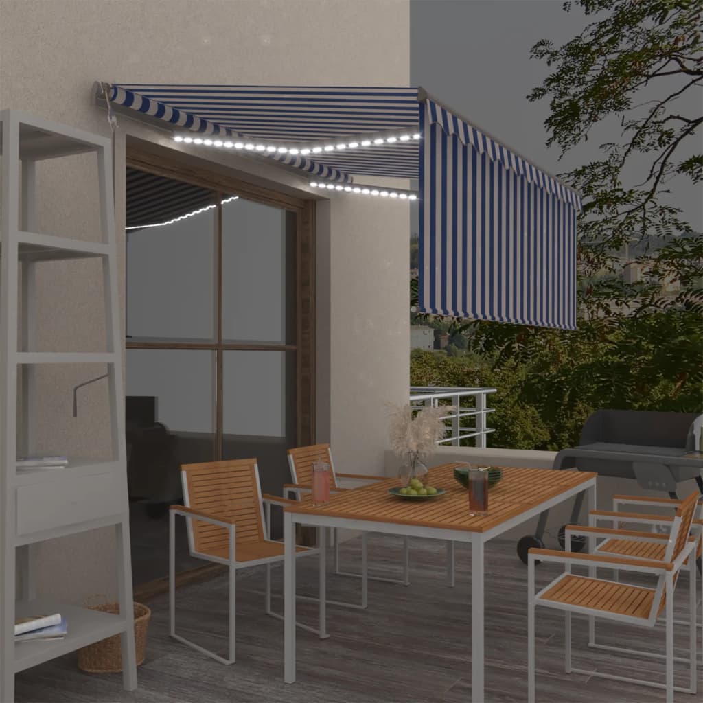 Automatisk markis m. vindsensor rullgardin LED 3,5x2,5m blå/vit