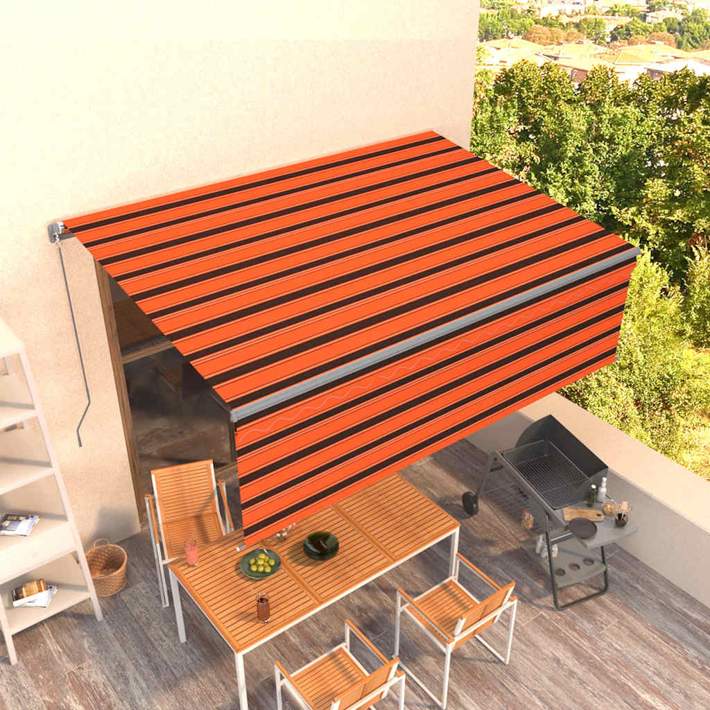 Manuell markis med rullgardin LED 4x3 m orange/brun
