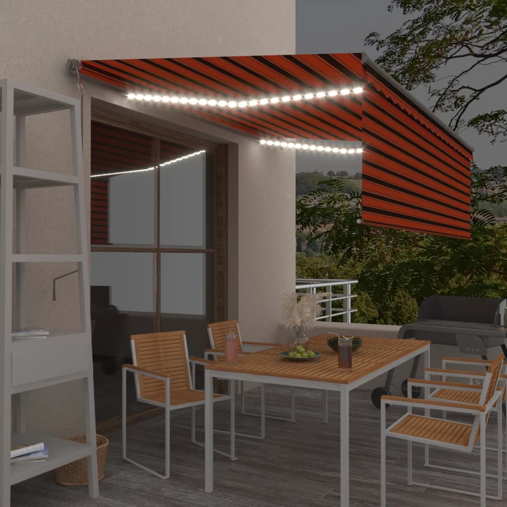 Automatisk markis m. vindsensor rullgardin LED 4x3m orange/brun