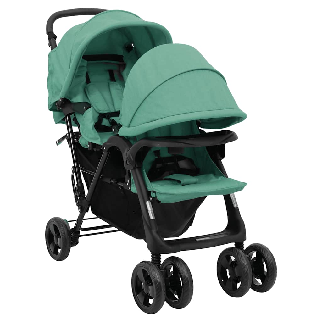 Tandem tvillingvagn grön stål