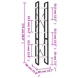 Bokhylla 5 hyllplan vit 40x30x175 cm konstruerat trä