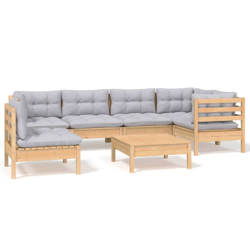 Loungegrupp med grå dynor 7 delar massiv furu