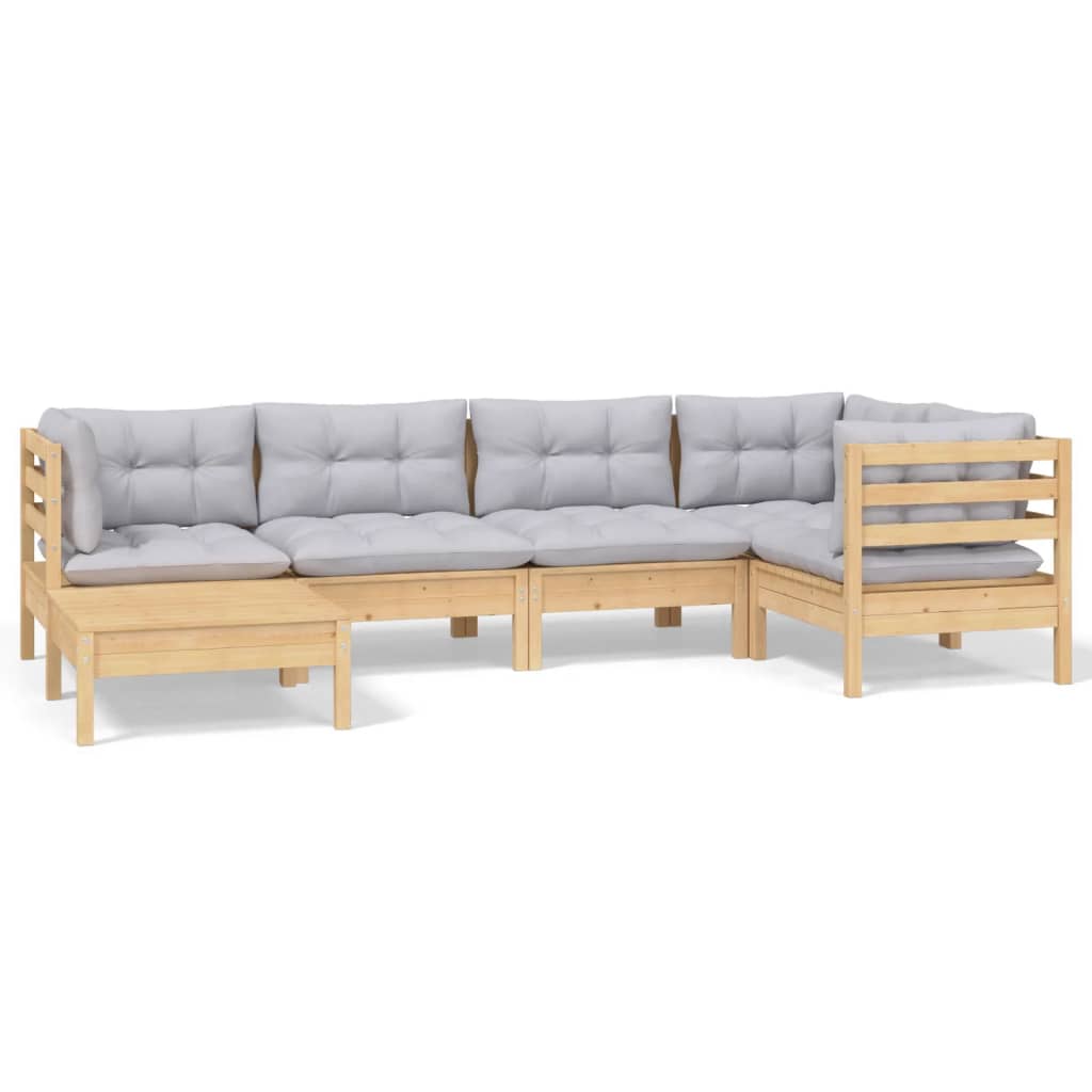 Loungegrupp med dynor 6 delar grå furu