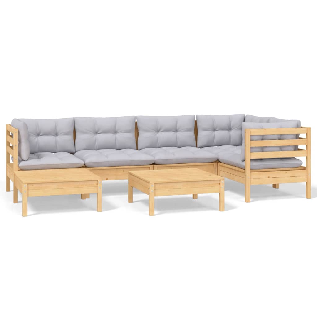 Loungegrupp med grå dynor 7 delar massiv furu