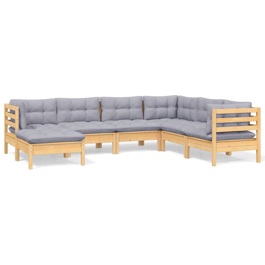 Loungegrupp med grå dynor 7 delar massiv furu