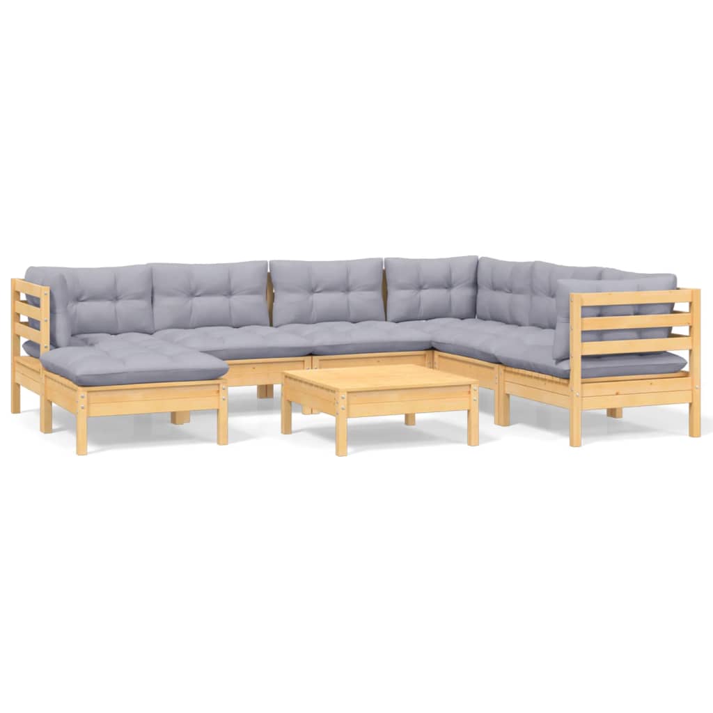 Loungegrupp med grå dynor 8 delar massiv furu
