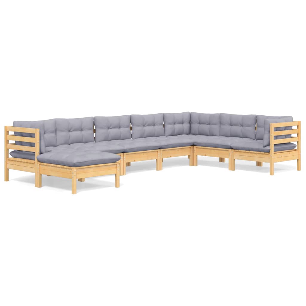 Loungegrupp med grå dynor 8 delar massiv furu