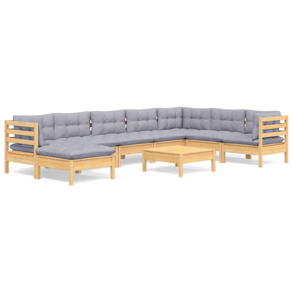 Loungegrupp med grå dynor 9 delar massiv furu