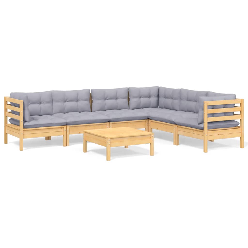Loungegrupp med grå dynor 7 delar massiv furu