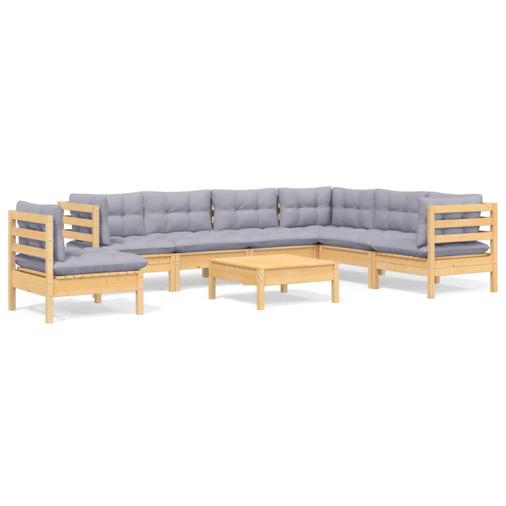 Loungegrupp med grå dynor 8 delar massiv furu