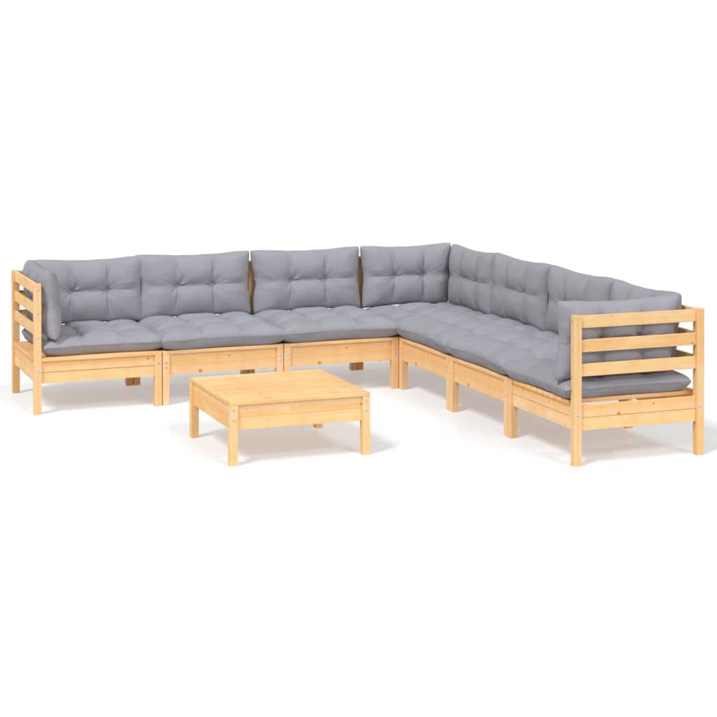 Loungegrupp med grå dynor 8 delar massiv furu