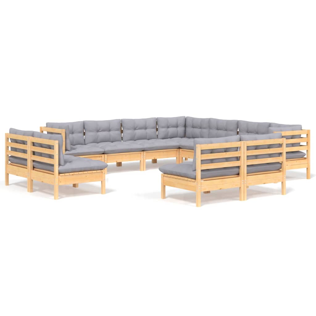 Loungegrupp med grå dynor 11 delar massiv furu