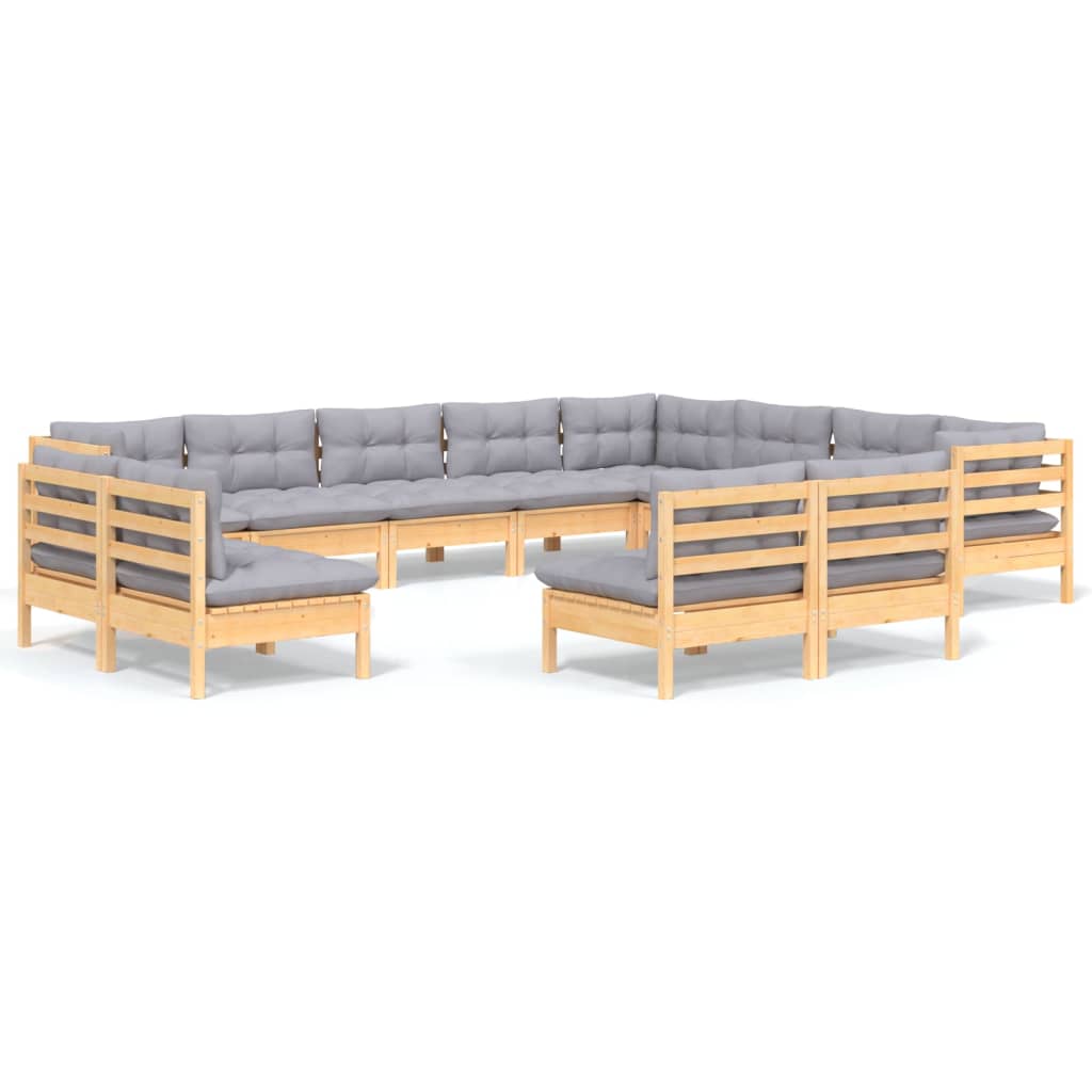 Loungegrupp med grå dynor 12 delar massiv furu