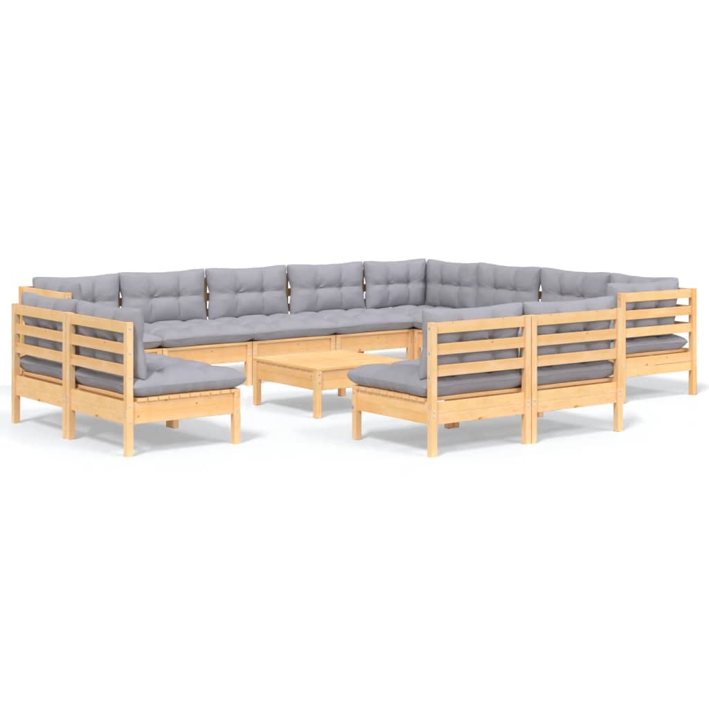 Loungegrupp med dynor 13 delar grå furu