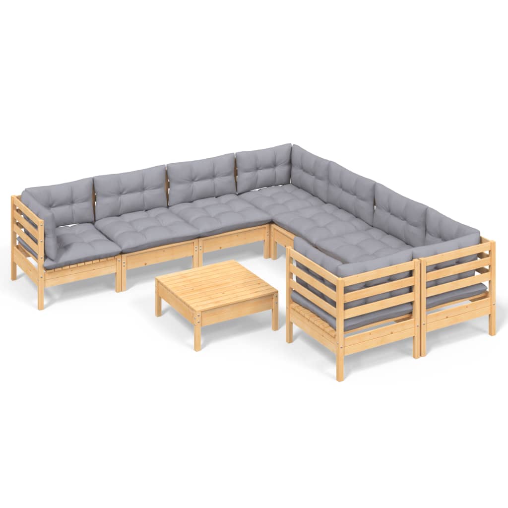 Loungegrupp med grå dynor 9 delar massiv furu