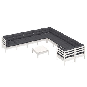 Loungegrupp med dynor 11 delar vit massiv furu