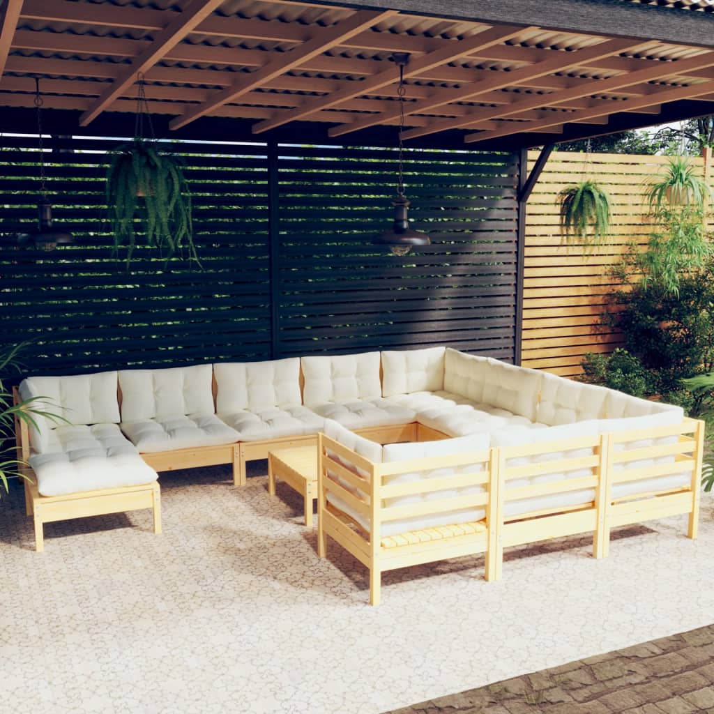 Loungegrupp med gräddvita dynor 12 delar massiv furu