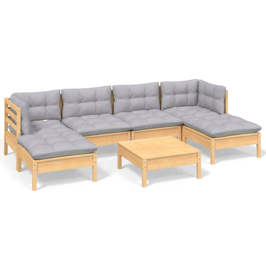 Loungegrupp med grå dynor 7 delar massiv furu