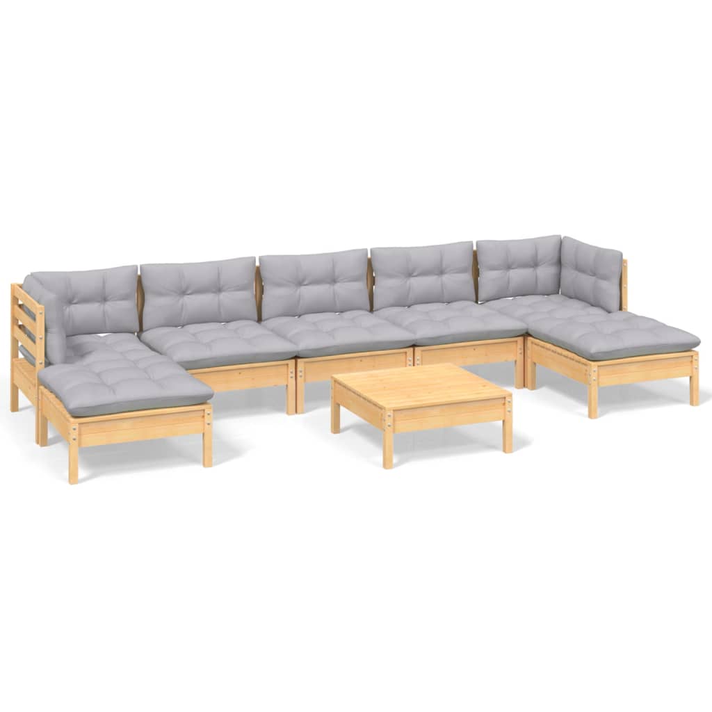 Loungegrupp med grå dynor 8 delar massiv furu