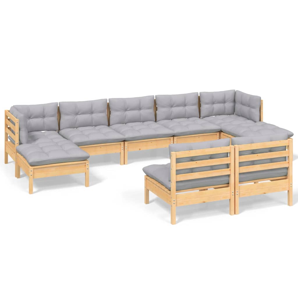 Loungegrupp med grå dynor 9 delar massiv furu
