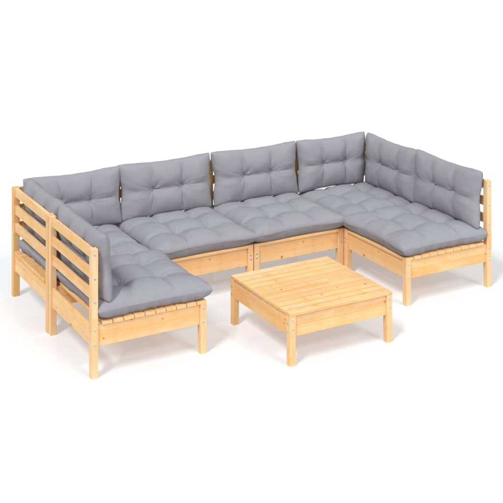 Loungegrupp med grå dynor 7 delar massiv furu