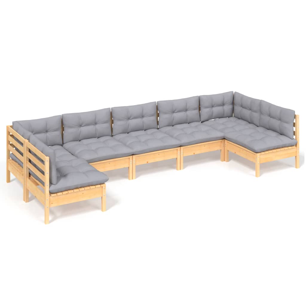 Loungegrupp med grå dynor 7 delar massiv furu