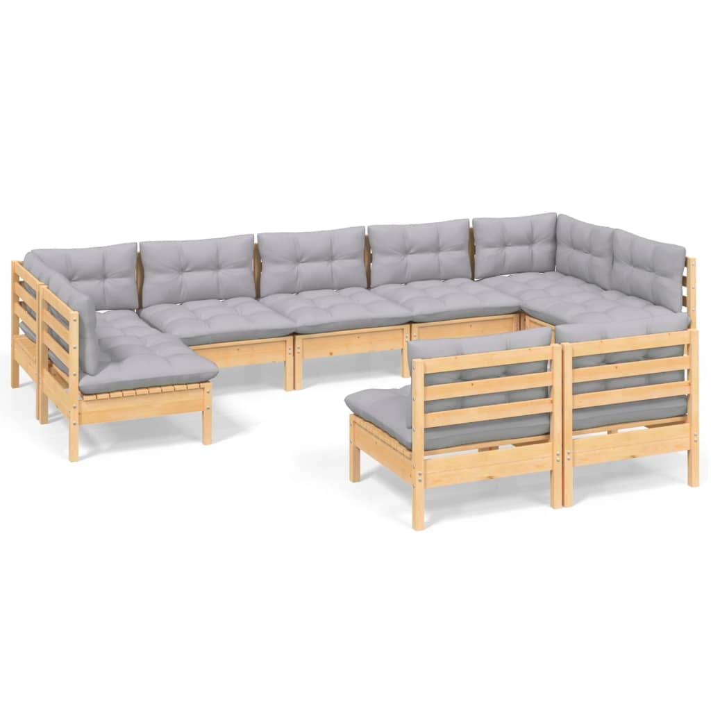 Loungegrupp med grå dynor 9 delar massiv furu