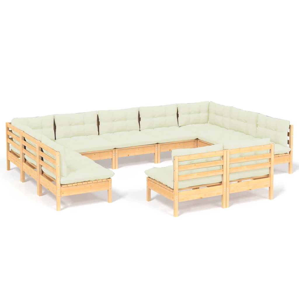 Loungegrupp med gräddvita dynor 11 delar massiv furu
