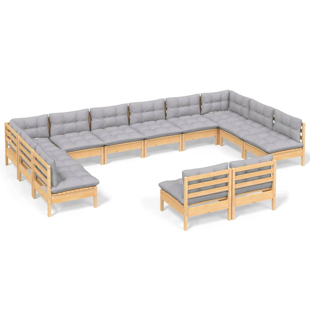 Loungegrupp med grå dynor 12 delar massiv furu