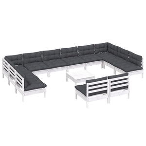 Loungegrupp med dynor 13 delar vit massiv furu