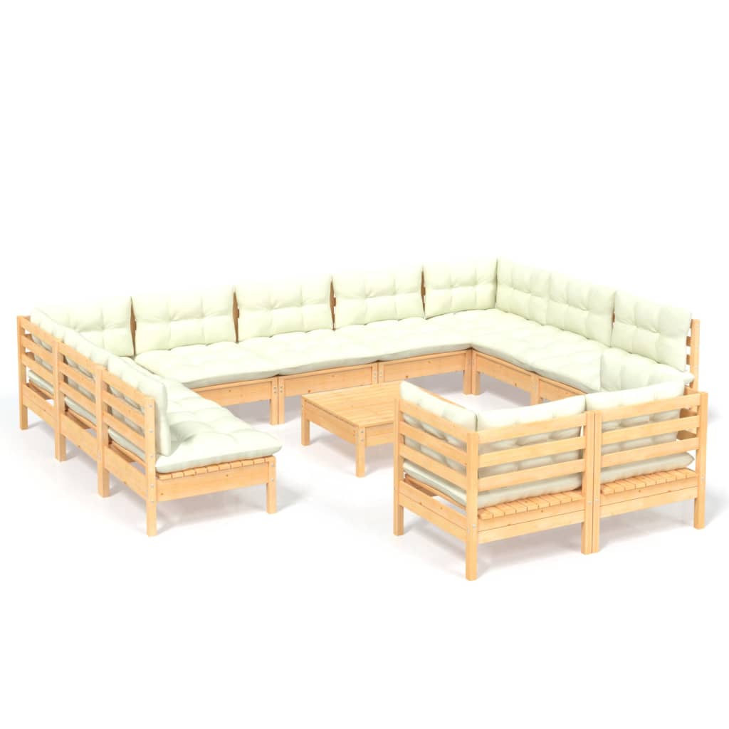 Loungegrupp med gräddvita dynor 12 delar massiv furu