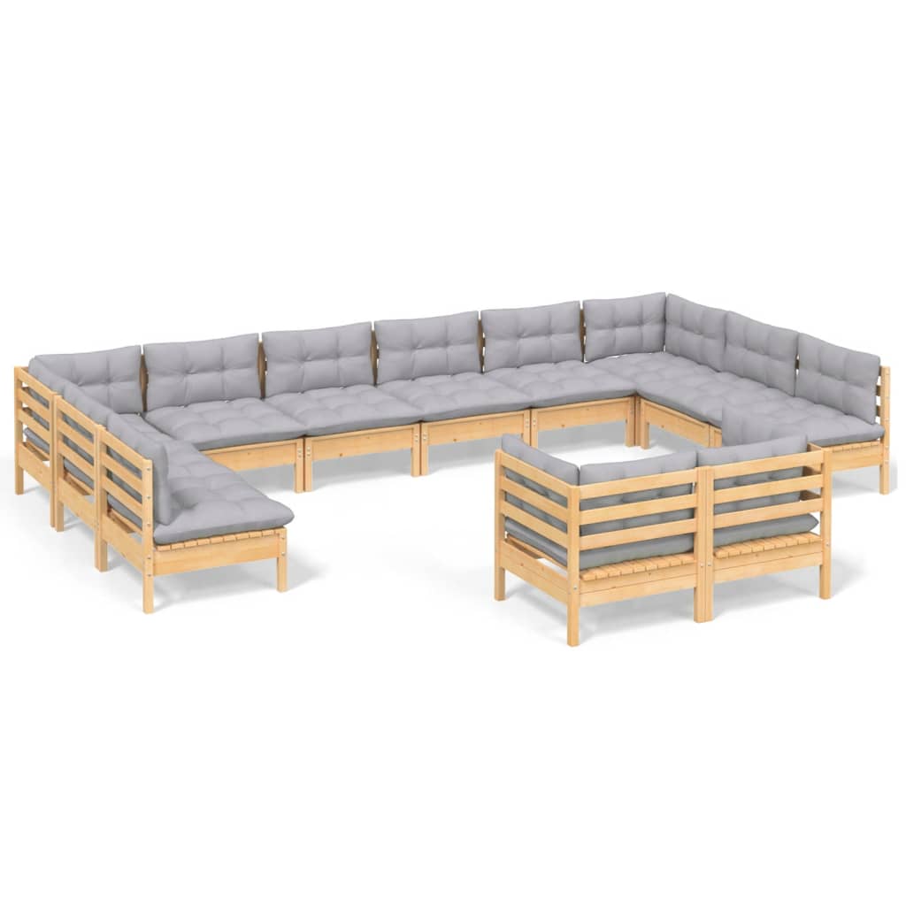 Loungegrupp med grå dynor 12 delar massiv furu