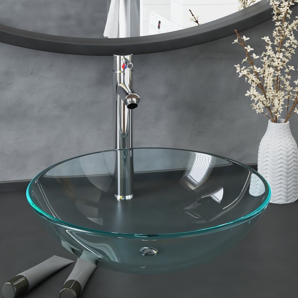 Handfat med kran och tryckavlopp klart härdat glas