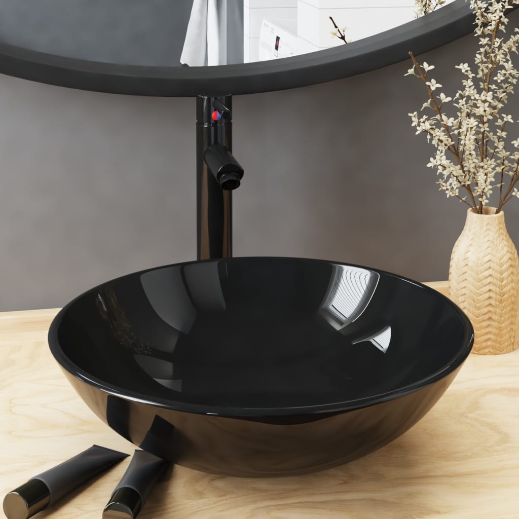Handfat med kran och tryckavlopp svart härdat glas