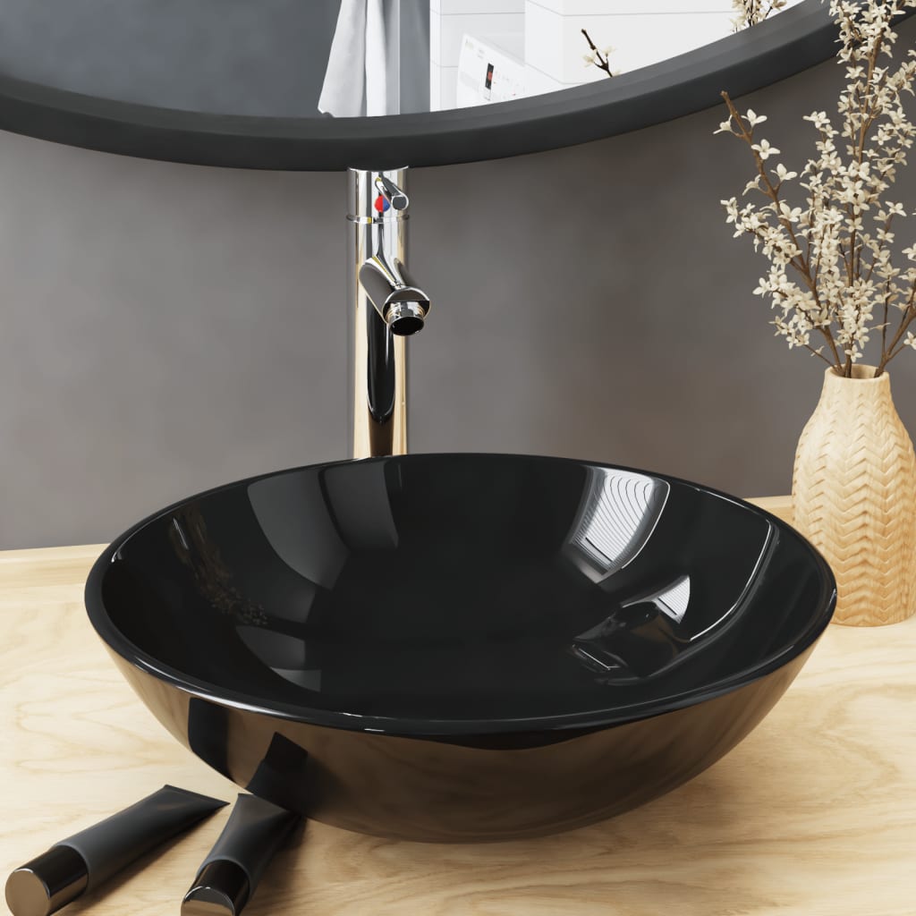 Handfat med kran och tryckavlopp svart härdat glas