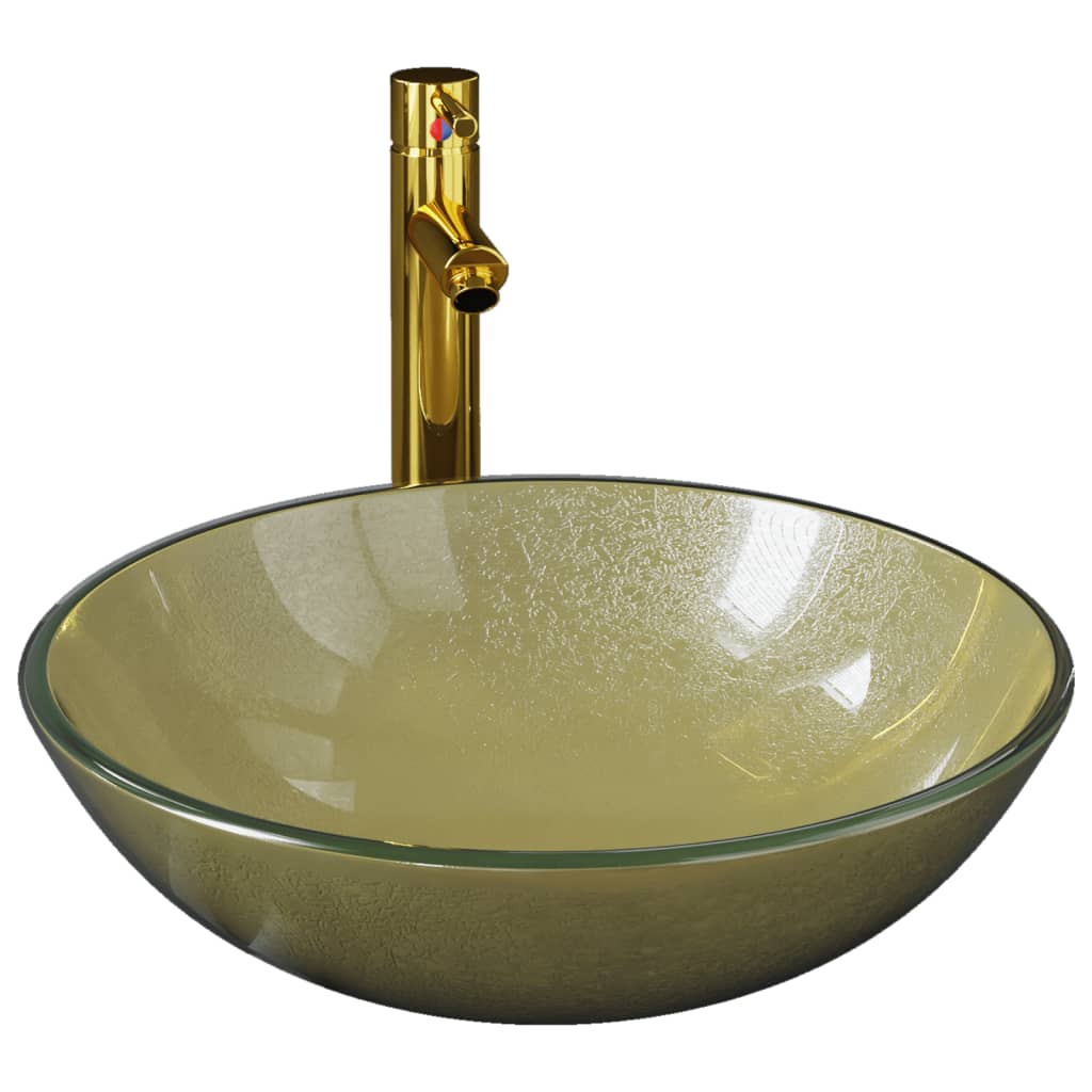 Handfat med kran och tryckavlopp guld härdat glas