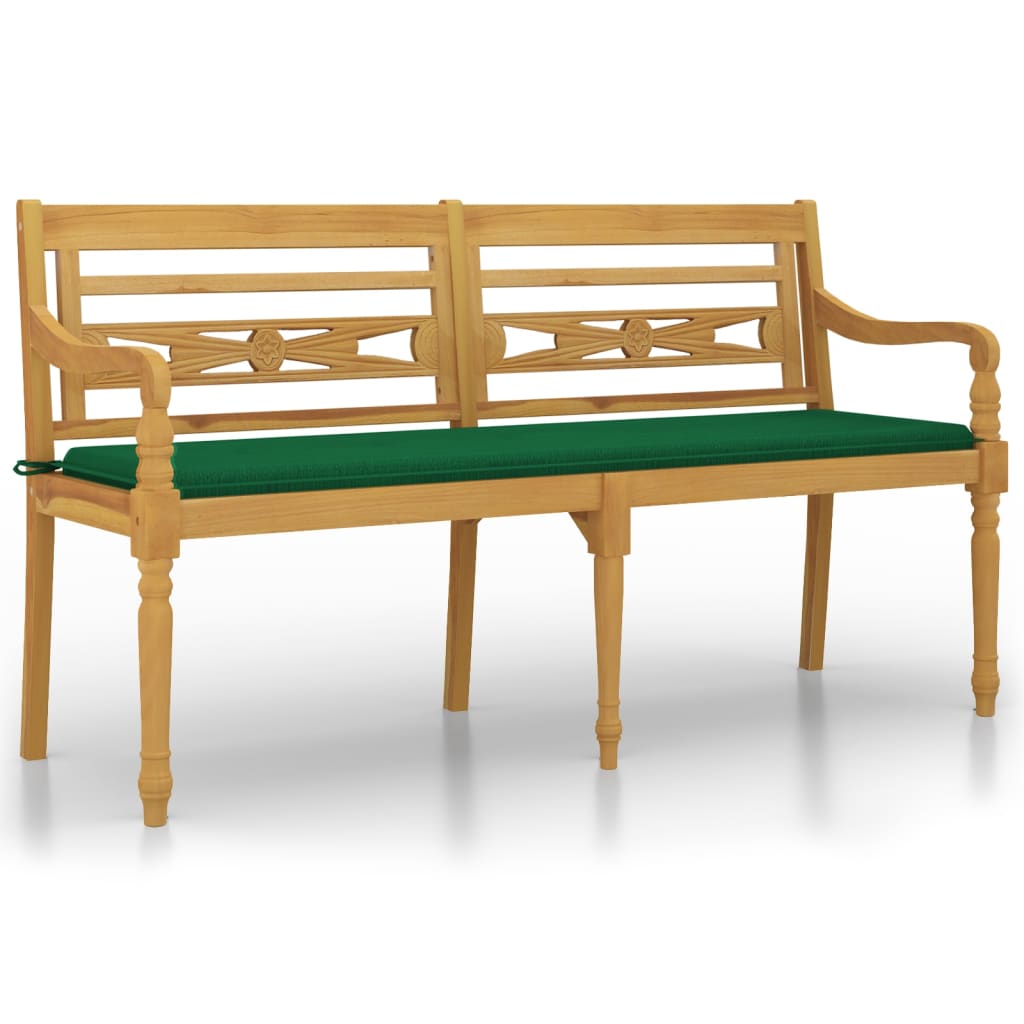 Bataviabänk med grön dyna 150 cm massiv teak