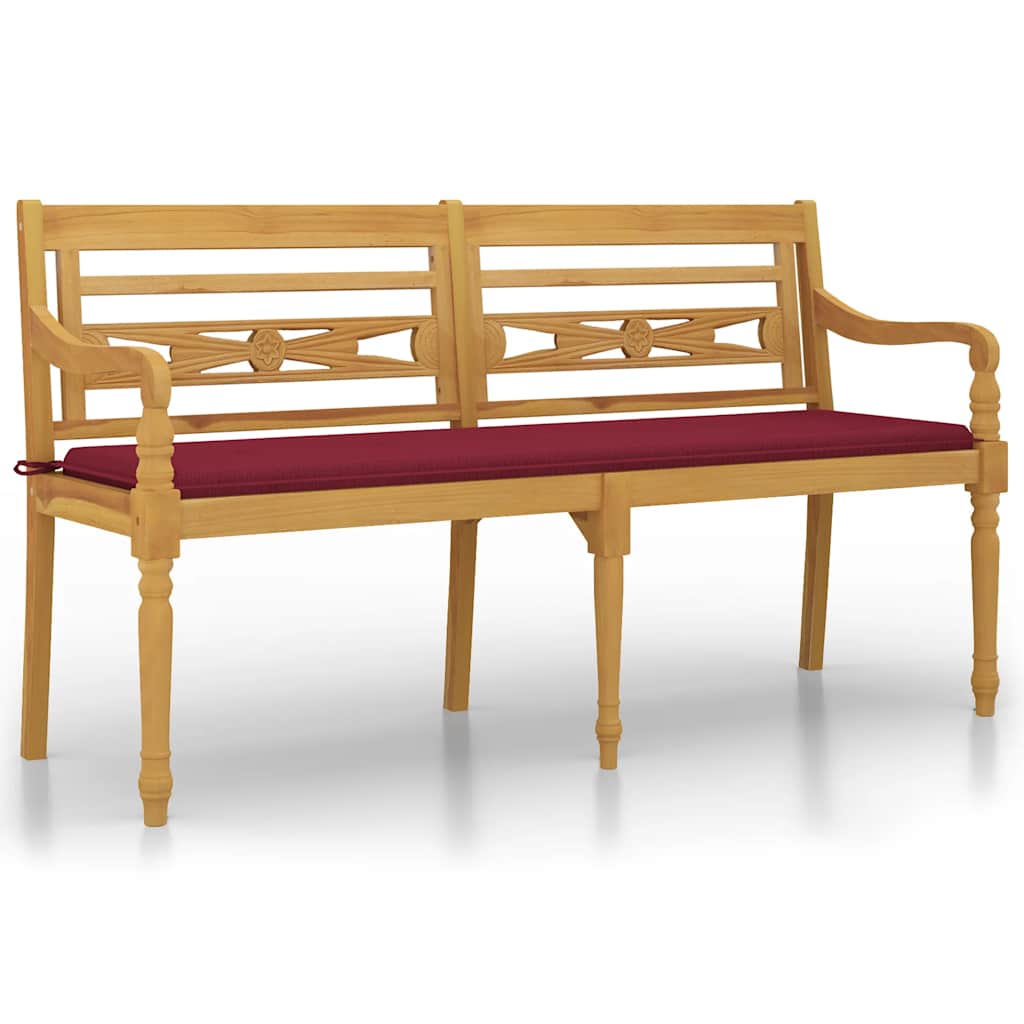 Bataviabänk med vinröd dyna 150 cm massiv teak