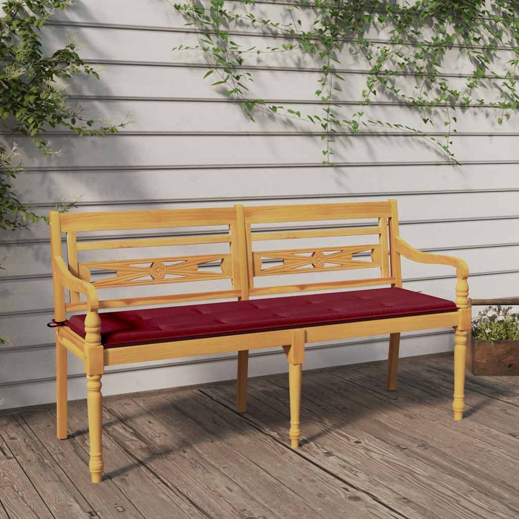 Bataviabänk med vinröd dyna 150 cm massiv teak