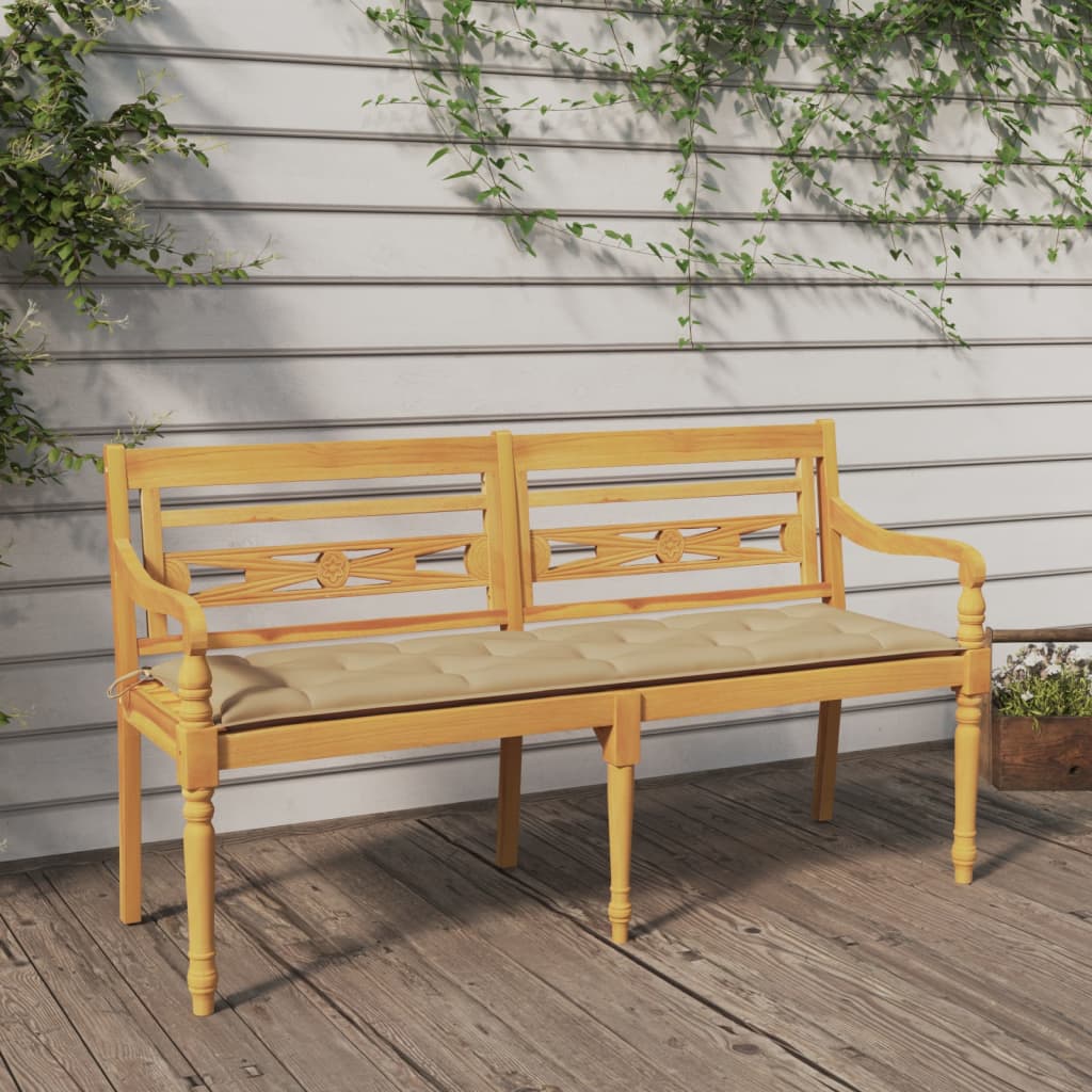 Bataviabänk med beige dyna 150 cm massiv teak